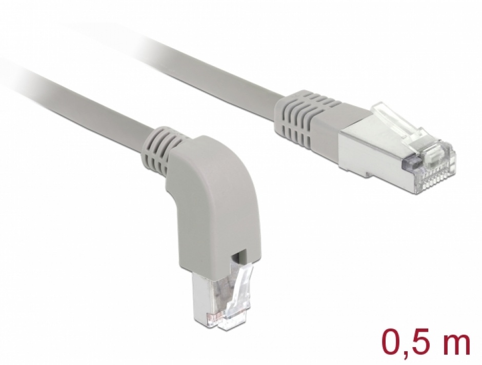 Cablu de retea RJ45 cat 6A S/FTP unghi jos/drept 0.5m Gri, Delock 85873 conectica.ro